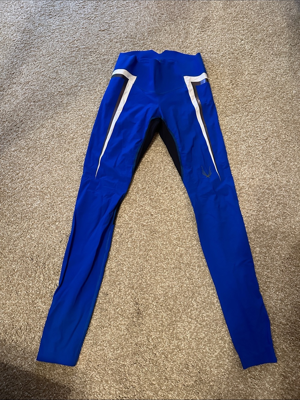 Blue Athletic Performance Leggings with White Accents